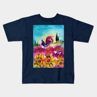 SUNFLOWERS, POPPIES AND BLACK ROOSTER IN BLUE SKY Kids T-Shirt